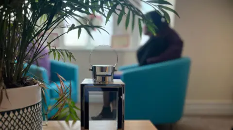 An out-of focus picture of a woman with plants and lamps in the foreground at a women's centre