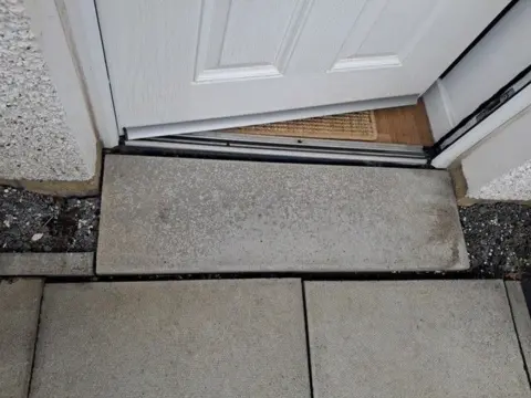 Margo Brown Concrete paving slabs in front of a door, there are gaps inbetween the slabs