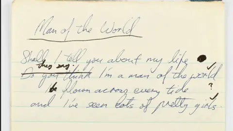 Ewbank's Handwritten lyrics of first four lines of Fleetwood Mac song Man of the World