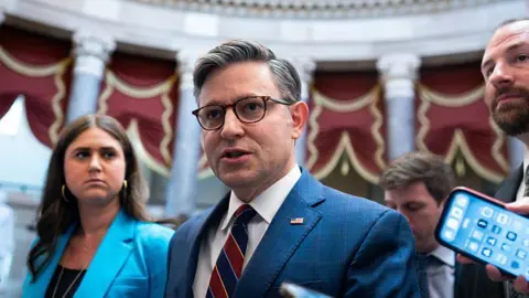 House Speaker Mike Johnson questioned by reporters in the US Capitol on Thursday