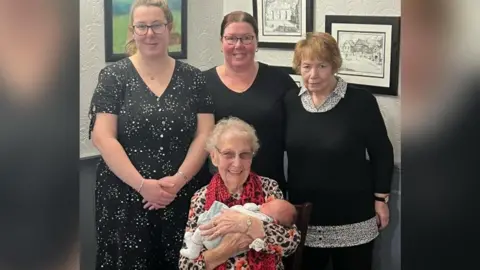 A family photo showing five generations of the same family - all women - Elizabeth, 0, Chloe Renshaw, 24, Jeanette Renshaw, 50, great nan Jean Precious, 70 and great-great nan Margaret Waterhouse, 94, 
