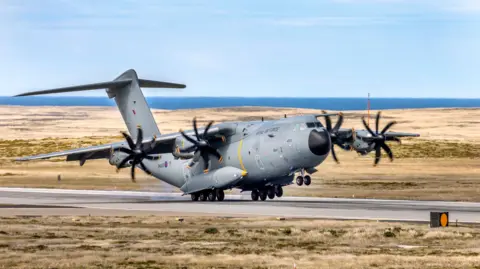 MOD Royal Air Force A400M landing at Mount Pleasant Complex in the Falkland Islands