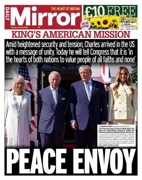 The headline on the front page of the Daily Mirror reads: "Peace envoy."