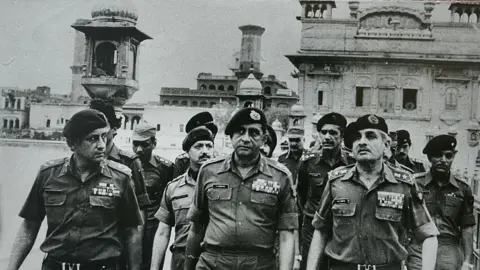 Getty Images Soldiers outside the Golden Temple in 1984