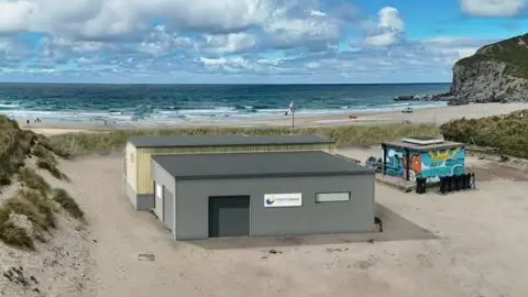 A CGI image of what the design would look like on the beach. There is a coastline of cliffs and beach in the distance.