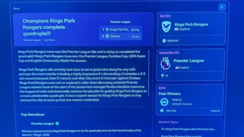 Pardoe Kendrick A screenshot from Pardoe Kendrick's Football Manager computer game. It shows a virtual news report saying he has just completed the quadruple.