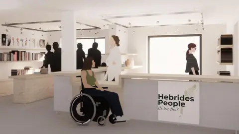 HEBRIDES PEOPLE An AI-generated image of what the inside of the Hebrides people Visitor Centre will look like after refurbishments. It's a light and airy environment with room for wheelchairs.