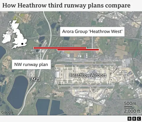 A map of proposals for expanding Heathrow Airport