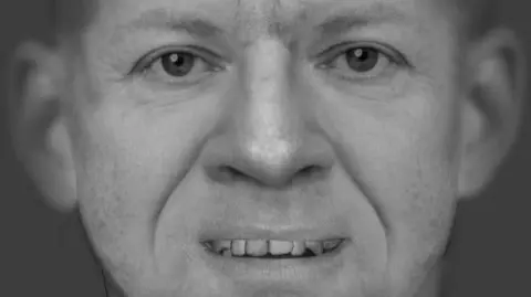 A black and white digital facial reconstruction of the unidentified man. He appears to be aged between 40 and 60, with a round face, prominent ears and slightly misshapen teeth.