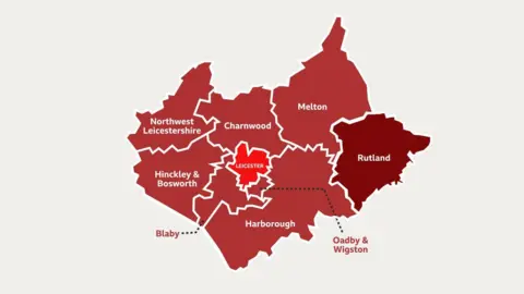 Map showing the current make-up of councils in Leicestershire