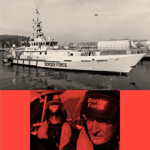BBC Two treated images of a large border force ship and on the bottom, border force workers