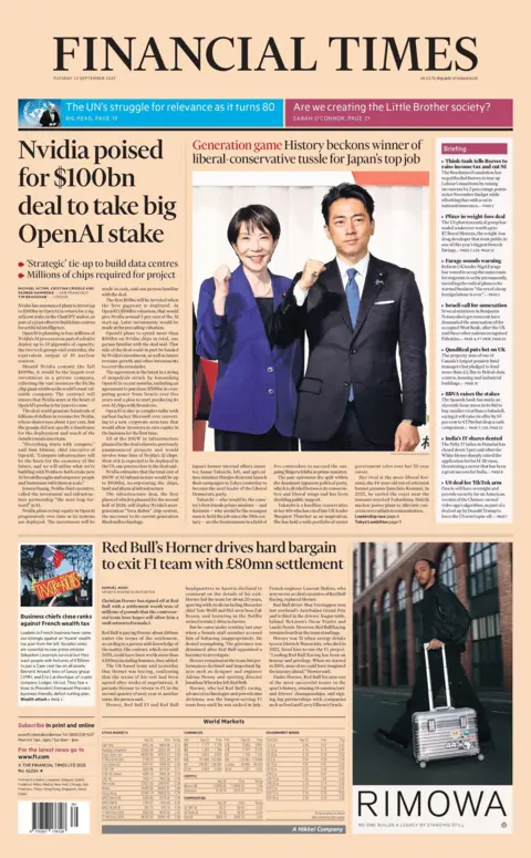 "Nvidia poised for $100bn deal to take big OpenAI stake" reads the headline on the front page of The Financial Times.