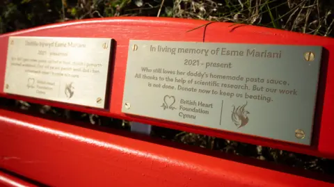 British Heart Foundation A close-up of two gold plaques side by side on a red bench. The one on the right is in English, with the Welsh translation on the left. They read: "In living memory of Esme Mariani. 2021-present. Who still loves her daddy's homemade pasta sauce. All thanks to the help of scientific research. But our work is not done. Donate now to keep us beating. The plaques then have the British Heart Foundation Cymru logo below.
