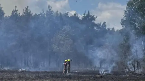 Two firefighters aim a hose on open, burnt ground surrounded by smoke and trees
