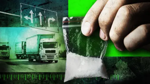Treated image showing fingers holding a small bag of white powder - ketamine - in the foreground. In the background are images of lorries and a motorway sign showing direction arrows.