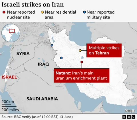 A map showing locations of Israeli strikes on Iran