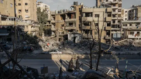 BBC A main commercial street in southern Beirut, much of which has been destroyed by Israeli air strikes.