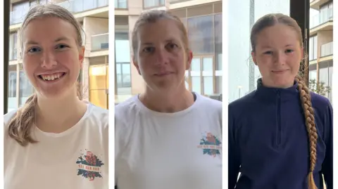 This is a composite image showing three individual portrait-style photos placed side by side. Lucy is on the left is wearing a white T‑shirt with a See Her Run logo. Ceri is in the middle and is also wearing the same T-shirt. Belle is on the right and she is wearing a dark blue long‑sleeved top and has a long braid over one shoulder.