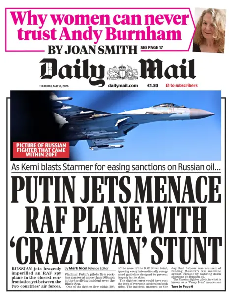 "Putin jets menace RAF plane with 'crazy Ivan' stunt," reads the headline on the front page of the Daily Mail.