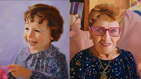 Two paintings side by side. On the left is Hatty, who is three years old. She is laughing and looking to her right at some bubbles she has blown. On the right is Mary who is Hatty's great-grandmother. She has been painted looking at the camera and smiling. She has short blonde hair and large pink-framed glasses. 