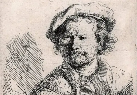 Rembrandt House Museum, Amsterdam This self-portrait by Rembrandt is an etching. He is wearing a flat cap and has curly hair in the image.