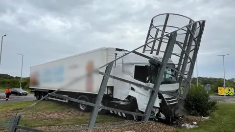 The lorry pictured at the scene of the crash which an on-foot officer took