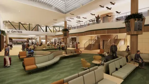 Concept photo of Jersey airport, it shows various airport lounge seating in pale stone and green colours. 