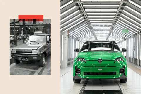 Getty Images and Renault Collage showing Renault 5 in Paris, 1978, on the left and the new Renault 5 E-Tech on the right