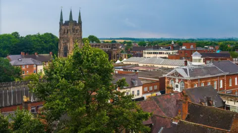 Aerial view of Tamworth, Staffordshire with St Editha's church in view. 