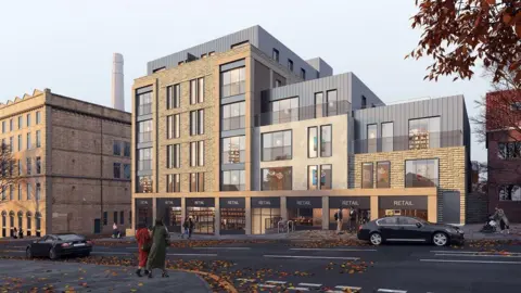 An artist's impression of the finished flats with retail units on the ground floor.