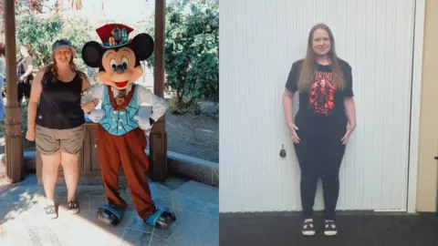 Side by side photo of Hannah Long. On the left image, Hannah stands with Mickey Mouse dressed up in a blue and red suit. She wears a black vest and khaki cargo shorts. On the right, Hannah stands in front of a garage door. She wears black leggings and a black t-shit. 