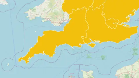UKHSA A map of the South West, South, the south of Wales and a little of the northern France. There are county lines shown and the counties are coloured yellow, indicating the level of warning. Wales and France are in map form without a yellow warning.