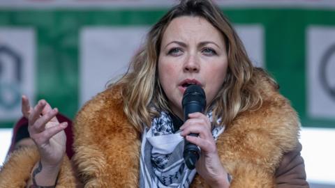 Singer Charlotte Church addresses pro-Palestinian protesters at a Ceasefire Now national demonstration on 9th March 2024 in London
