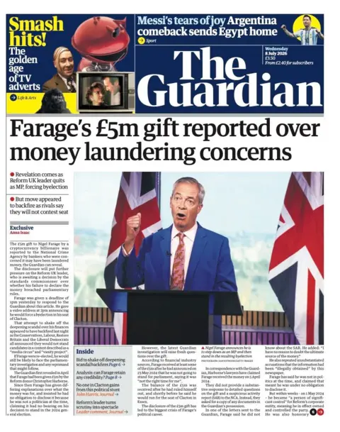The headline on the front page of the Guardian reads: 'Farage's £5m gift reported over money laundering concerns.'