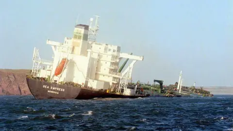 Getty Images The Liberian-registered, Russian-crewed oil tanker, run aground 15 February near an offshore wildlife refuge off the Welsh coast