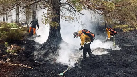 Ed Smith Three people wearing protective clothing, caps and face masks dampen down hotspots in an area of woodland in Glenmore.