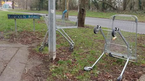 Two trolleys are abandoned on grass beside Lincoln Road in Basildon.