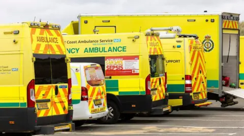 A line of five ambulances of varying sizes parked in a car park. 