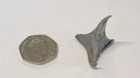 Supplied A silver triangular metal spike next to a fifty pence piece, found around Coalville.