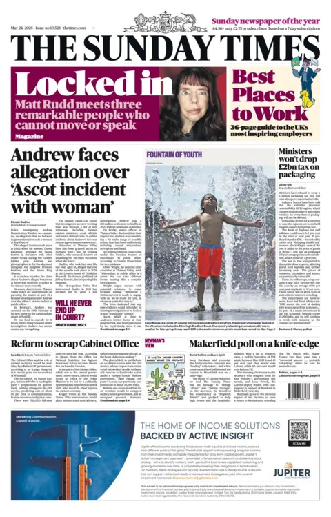 The headline on the front page of the Sunday Times reads: "Andrew faces allegation over Ascot incident with woman."