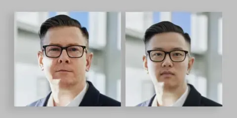 KnowBe4 Two pictures side-by-side. On the left, a stock image of a man with glasses in a suit. On the right, the image appears to have been edited to be of a different man.