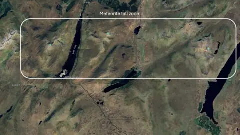 UKFAll A satellite map of an area where meteorites may have landed in the Highlands. A large white box with the words "meteorite fall zone" covers the top section of the image.