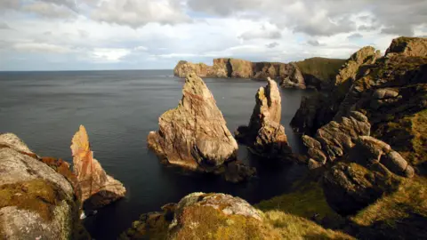 Getty Images A stock image of Tory Island coastline - there are rocks emerging from the water, there is grass on the coastline.