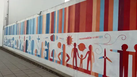 A mural of stripes depicting each year and the levels of climate impact, varying from blue to red.