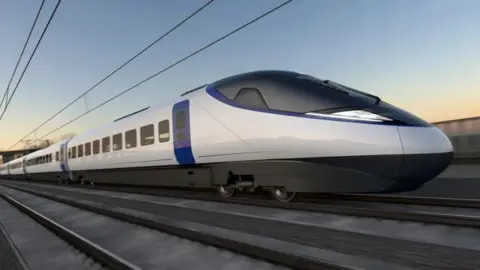 HS2 An artist’s impression of what the planned HS2 train will look like on a train track 