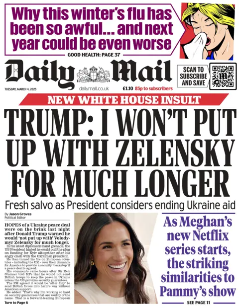 El titular en la página principal del Daily Mail dice: "Trump: No aguantaré a Zelensky por mucho más tiempo."