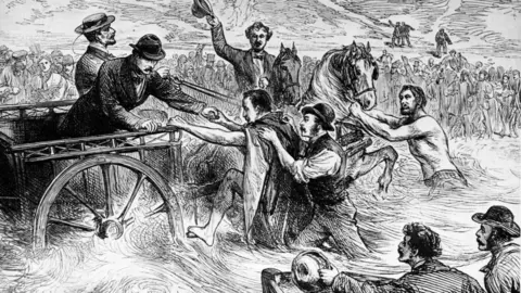Getty Images A sketch by the Illustrated London News of Captain Matthew Webb reaching Calais on 25 August 1875.