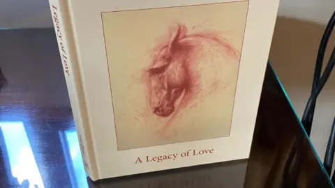 Ann Blake A white book with a pink horse on the front standing open on a dark brown wooden table.