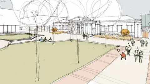 An illustration showing Inverness Library and a green space in front of the buildings. There are drawings of people in the green space.