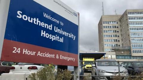 Exterior showing sign and building at Southend Hospital